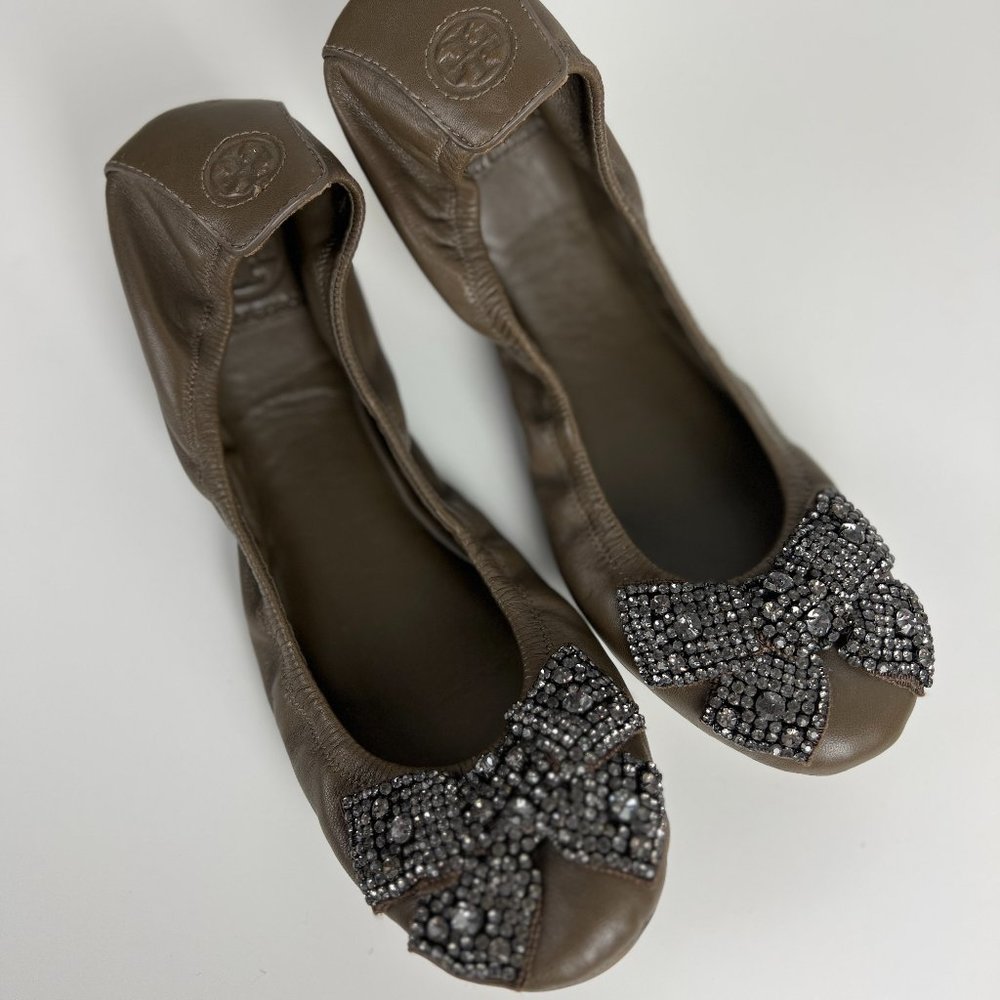 Tory Burch Eddie Rhinestone Bow Ballet Flats - Size 11